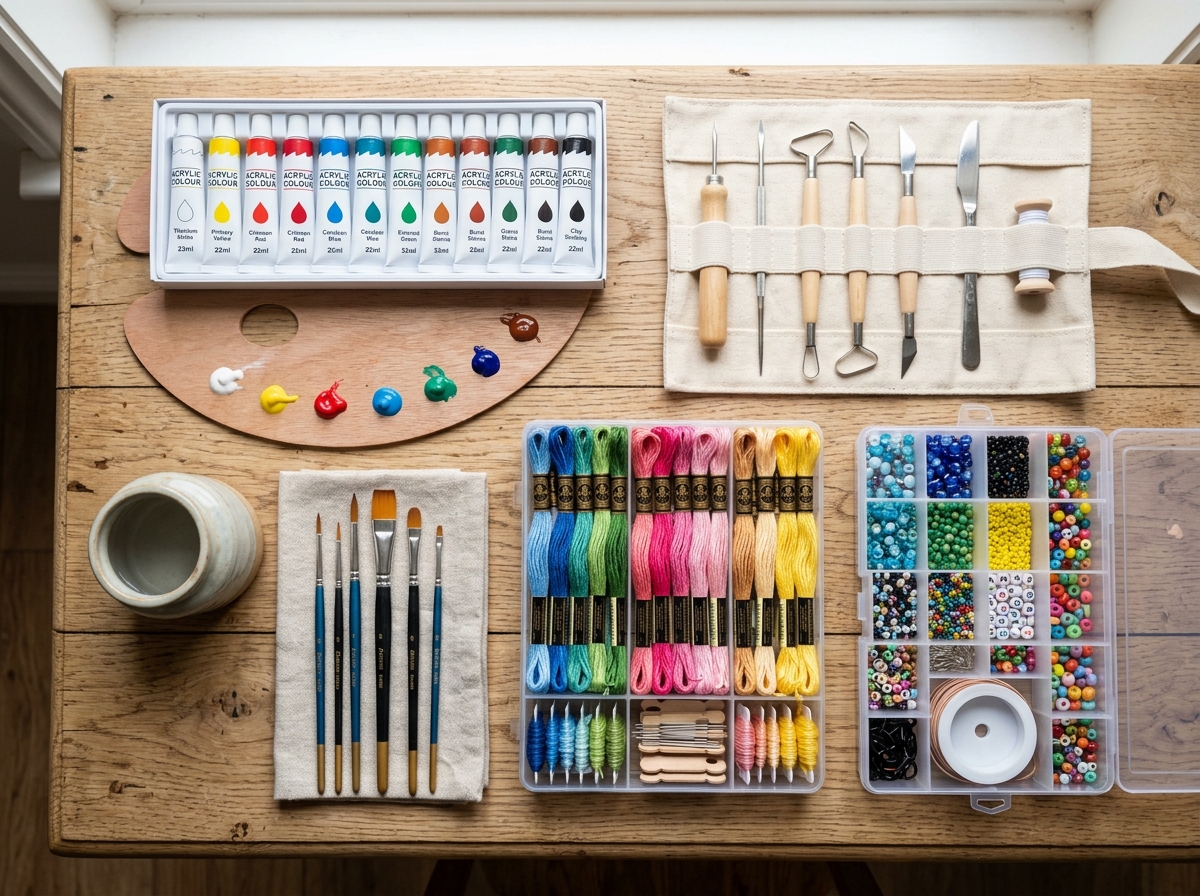 DIY craft supplies and embroidery threads arrangement